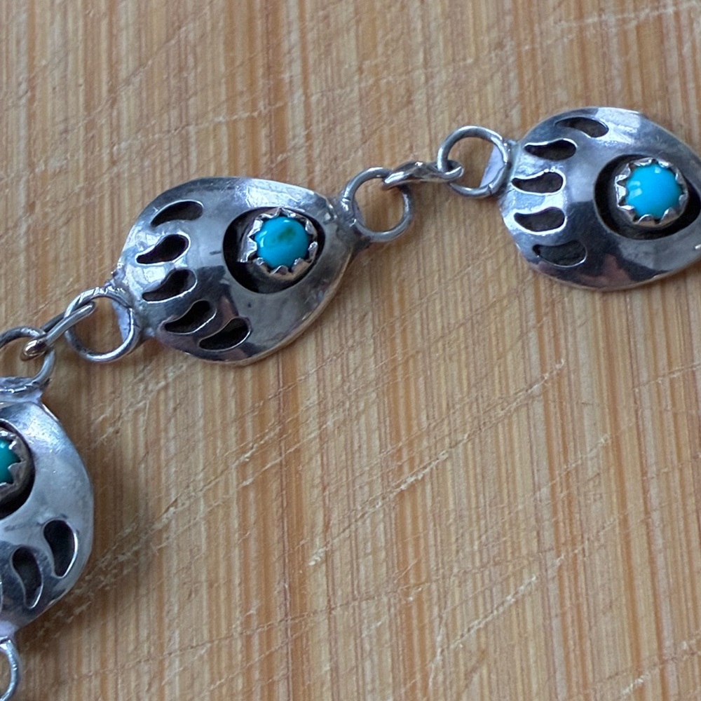 Vintage Sterling Silver and Turquoise Navajo Paw Bracelet - Picture 6 of 16